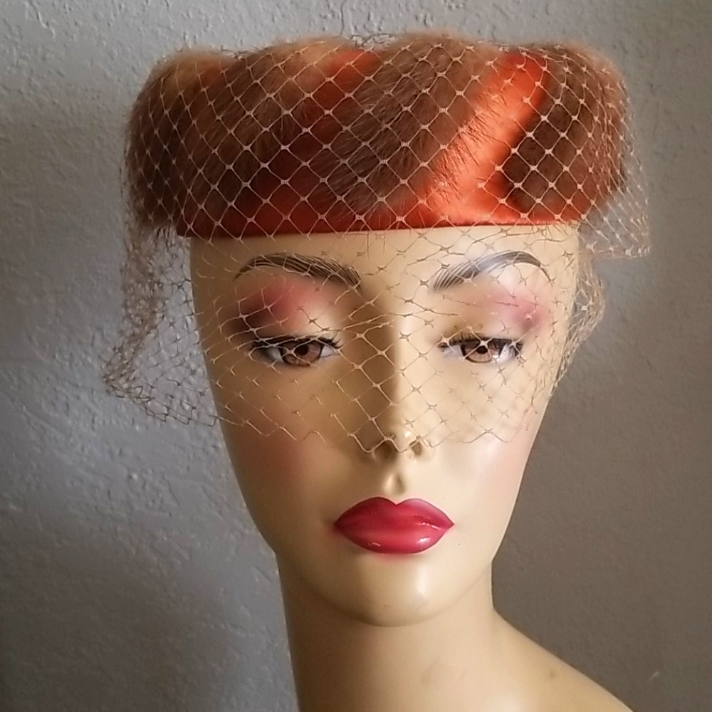 Vintage mink and satin pillbox Birdcage Veil hat